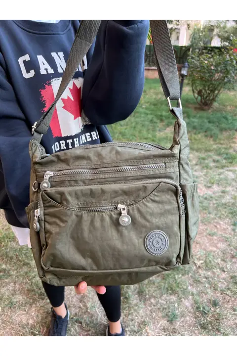 Kadın Haki Cüzdanlı 4 Fermuarlı Bol Gözlü El Kol ve Omuz Çantası Kaliteli İşçilik Şık Tasarım