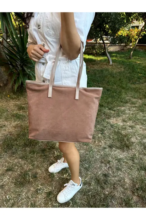 Kadın Haki Süet Fermuarlı  El Kol ve Omuz Çantası Kaliteli İşçilik Şık Tasarım