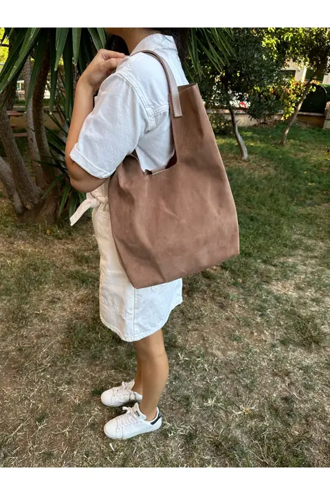 Kadın Vizon Süet Çıtçıtlı Cüzdanlı Makyaj Çantalı El Kol ve Omuz Çantası