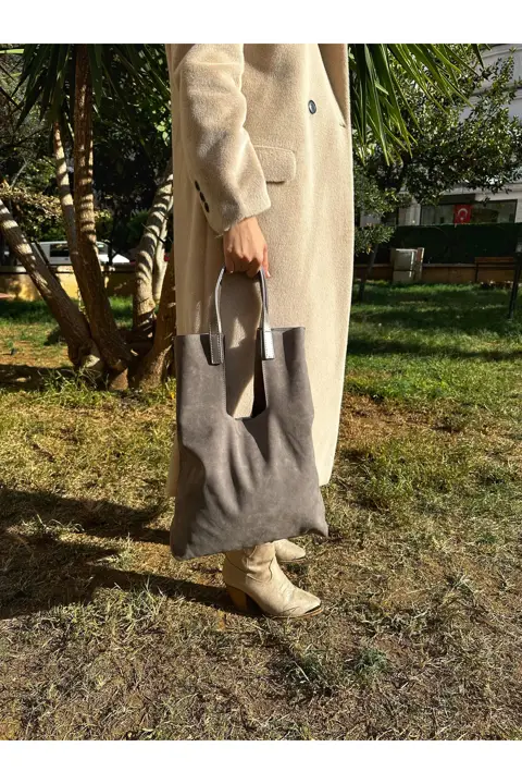 Kadın Vizon Süet Çıtçıtlı Cüzdanlı Makyaj Çantalı El Kol ve Omuz Çantası