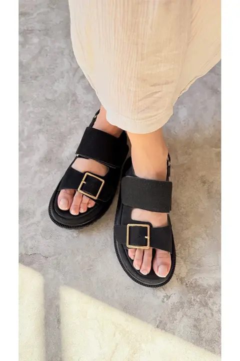 Monalisa Kadın Kalın Taban Siyah Süet Sandalet Terlik
